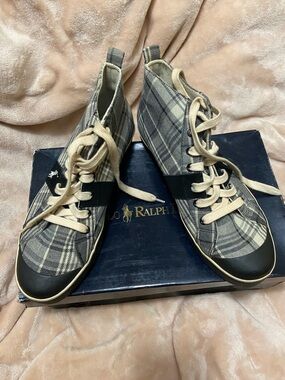 Ralph Lauren Plaid High-Top Sneakers in Beige and Black